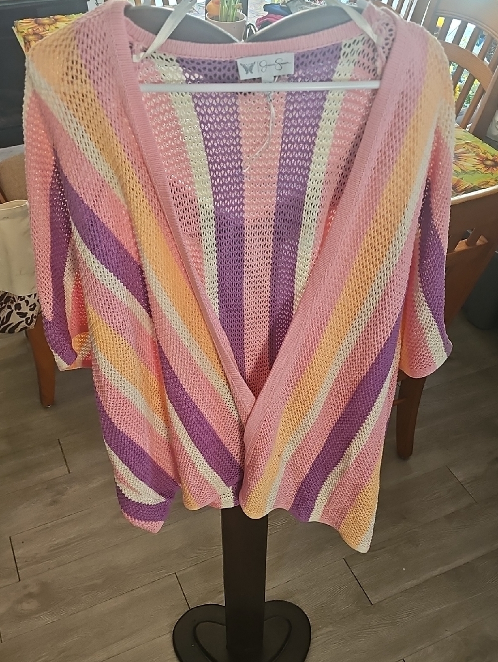Jessica Simpson Pink Purple & Cream Striped Open-Knit Cardigan